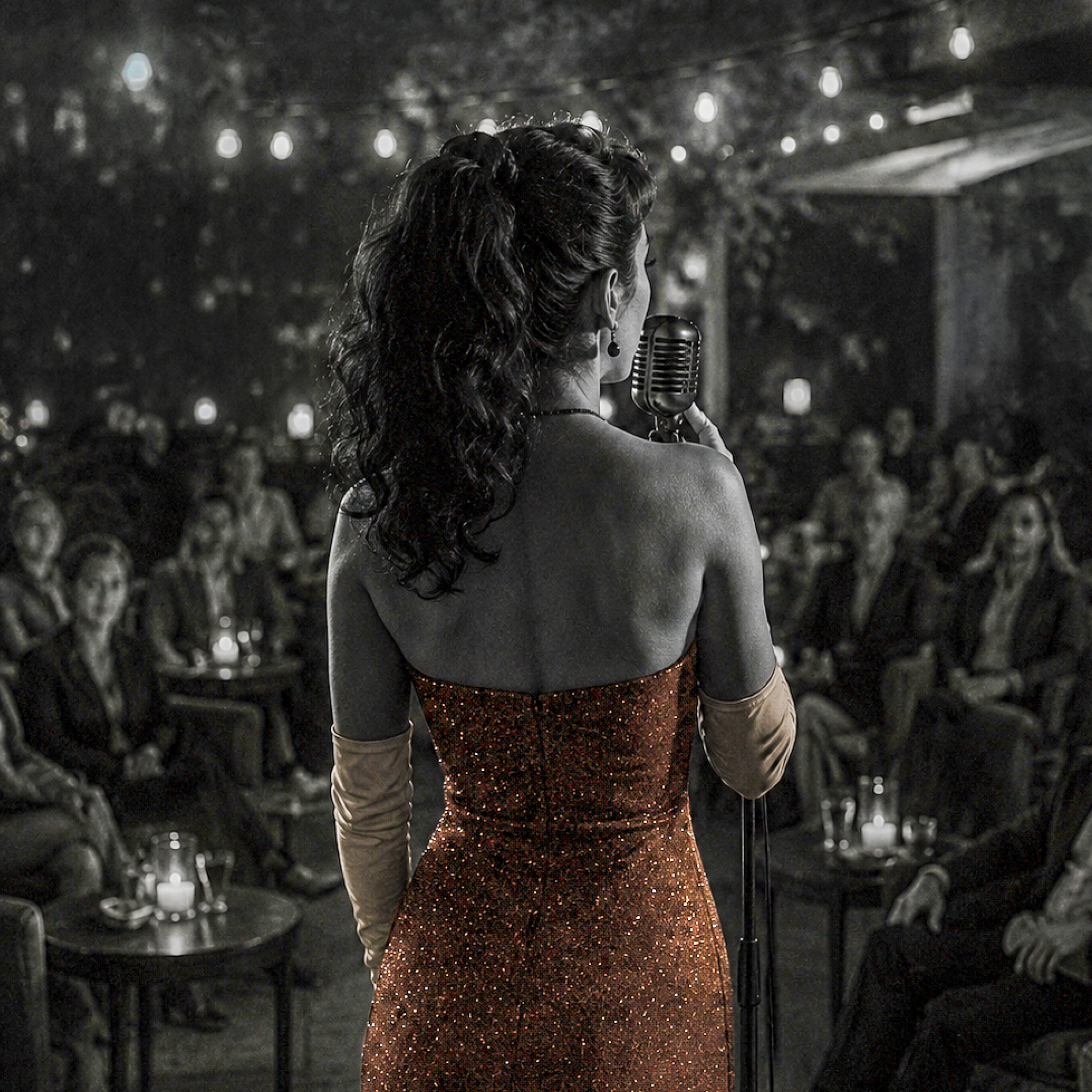 Black and white photo of singer in sparkly gold dress on the outside patio at Fauna for After Dark