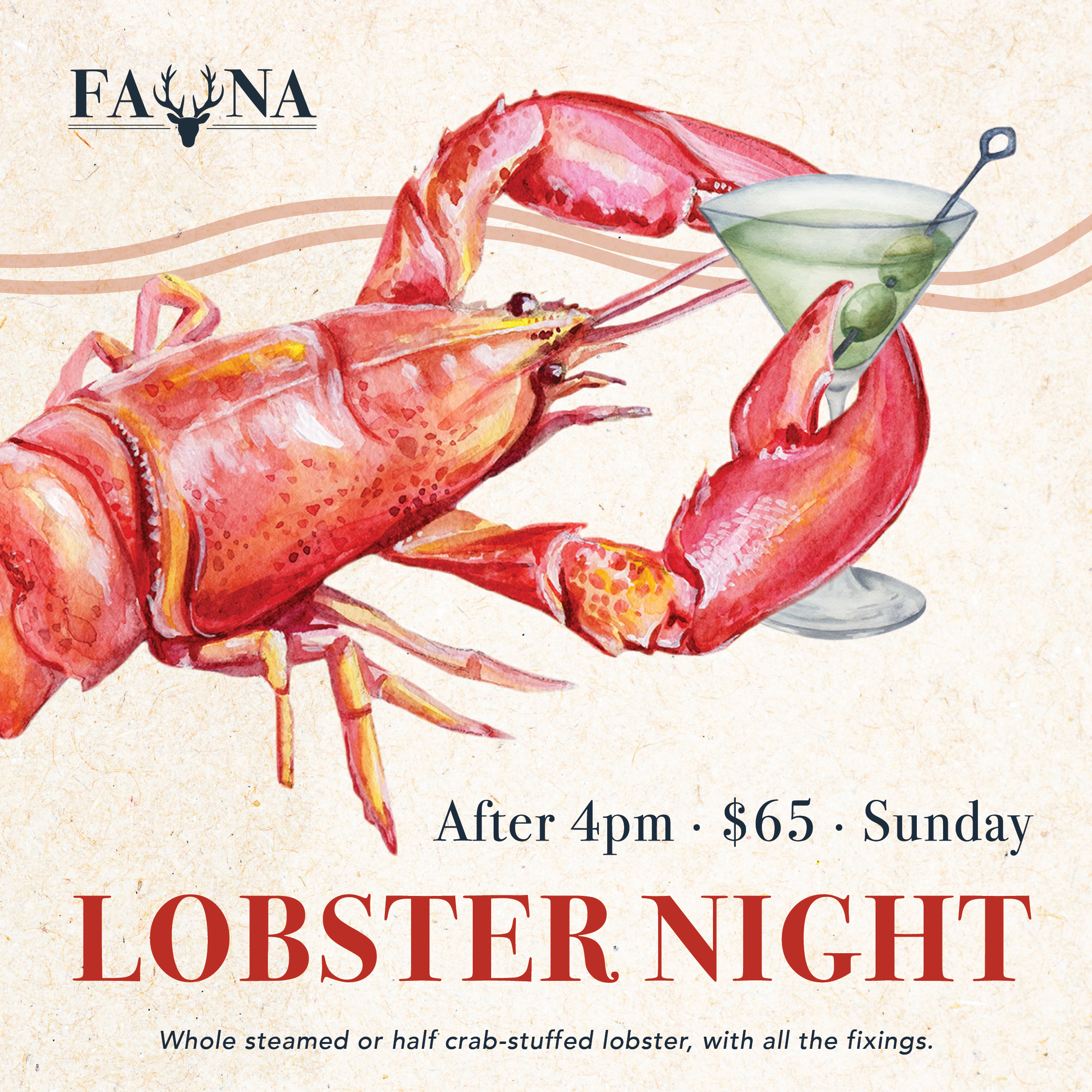 A whole steamed lobster served with corn on the cob, drawn butter, and lemon at Fauna's Sunday Lobster Night.