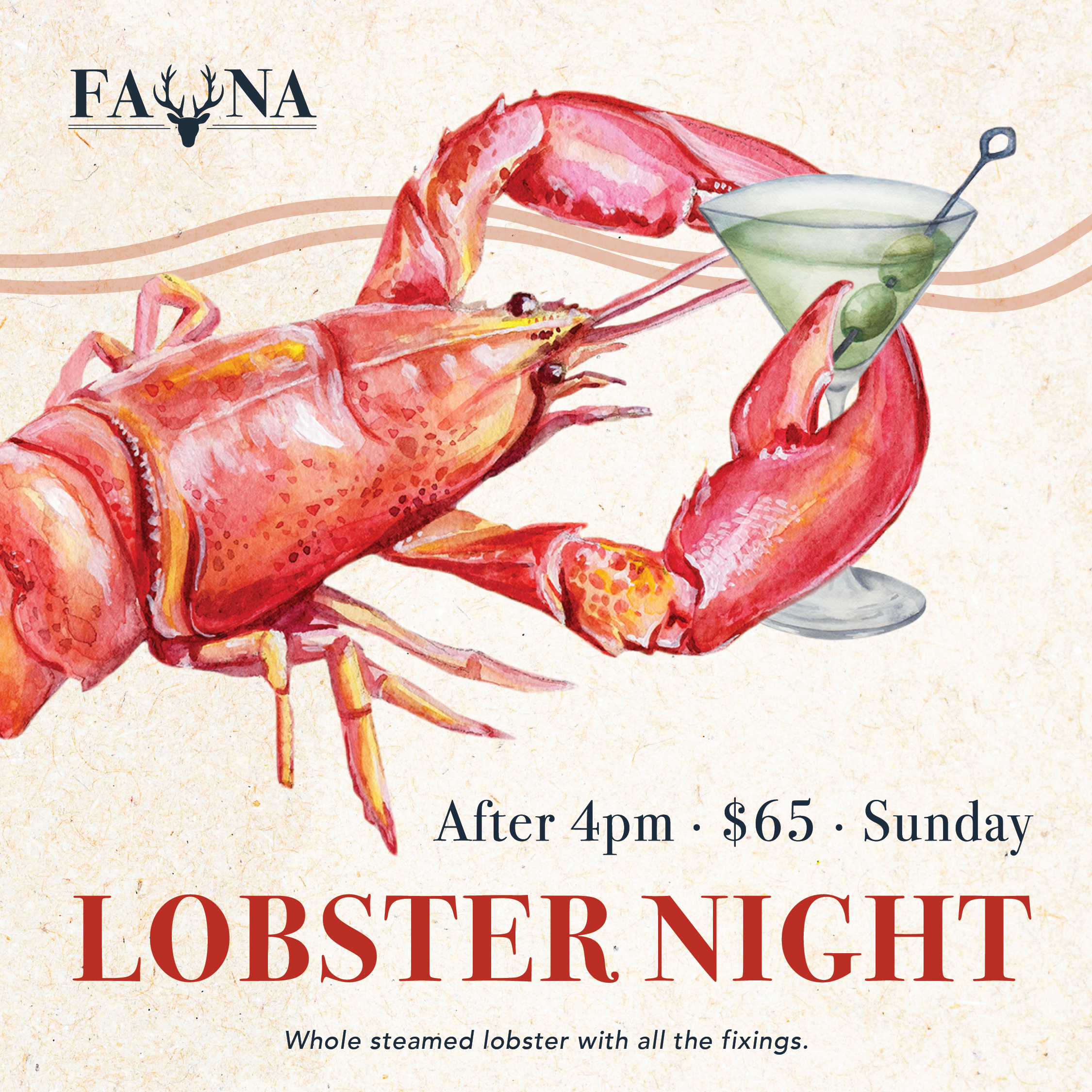A whole steamed lobster served with corn on the cob, drawn butter, and lemon at Sunday Lobster Night at Fauna.